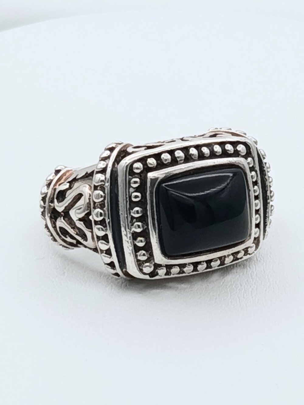 Vintage 925 Sterling Silver Black Onyx Ornate Pebbled Statement Ring